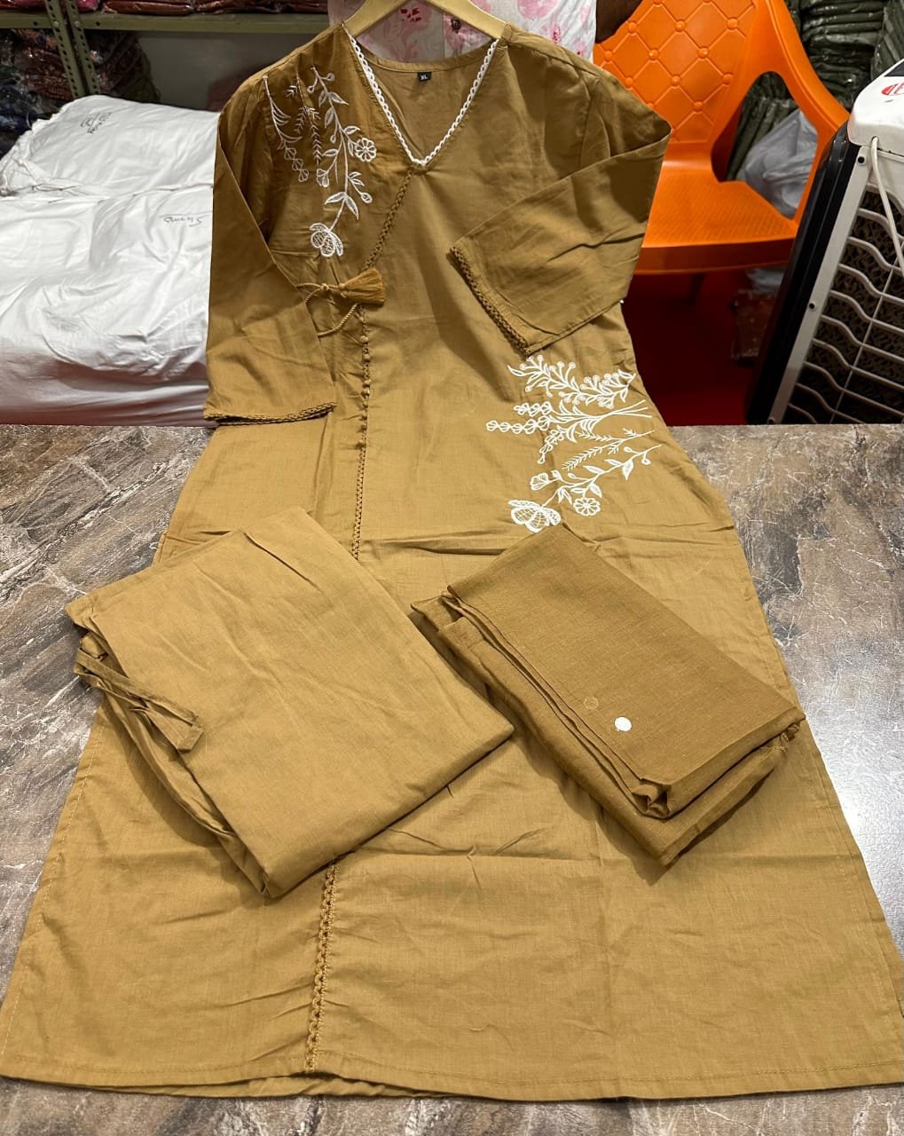 Olive Brown Cotton A-Line Kurti Pant Dupatta Set